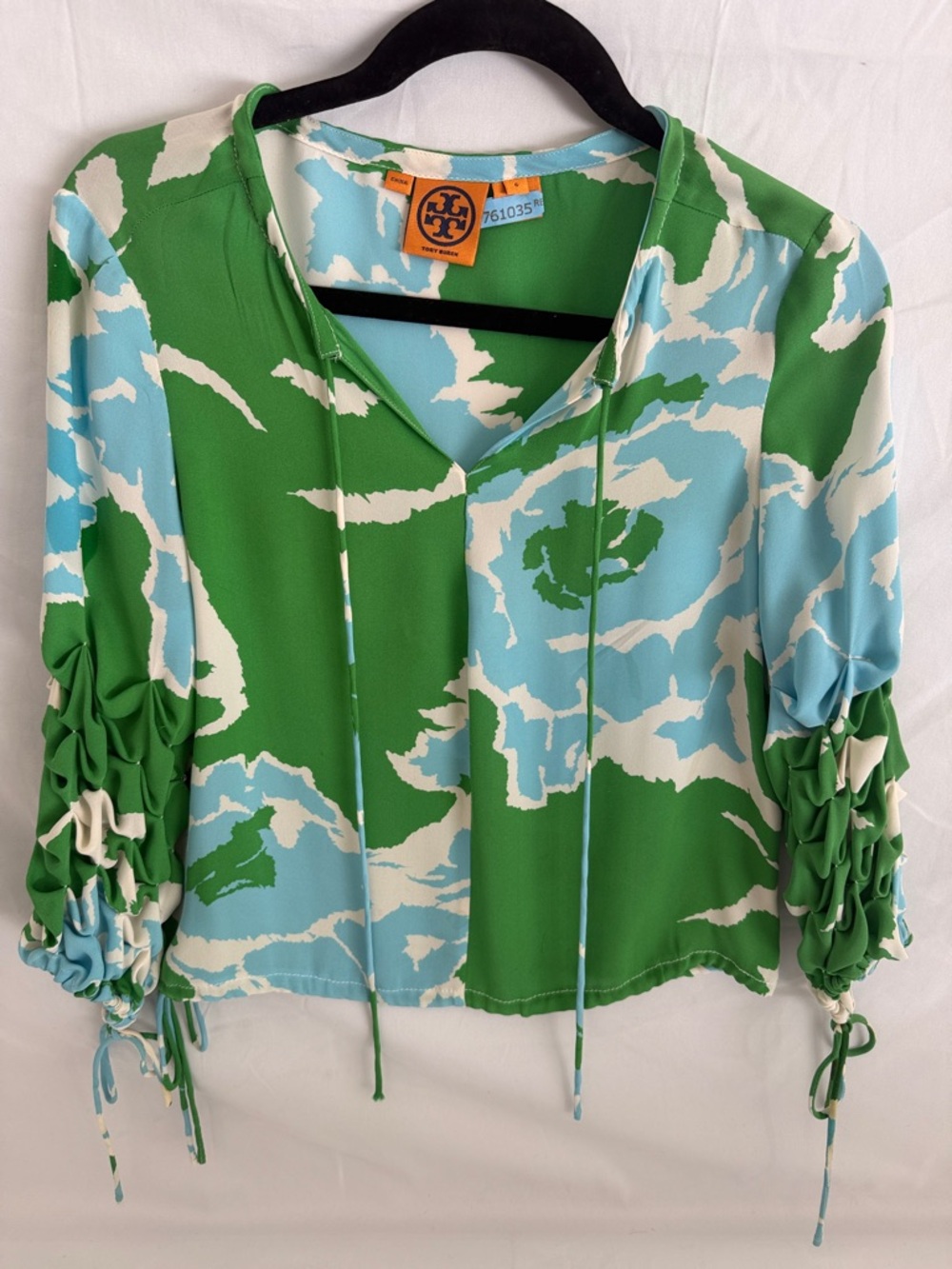 Tory Burch Size 6- Green, Sky Blue & White Print Drawstring-Sleeve Blouse